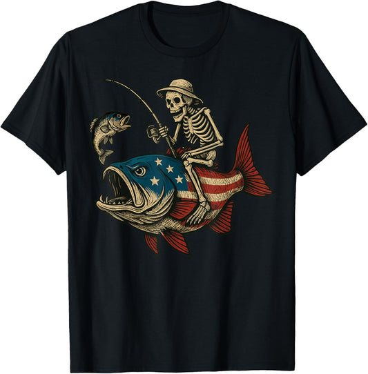Skeleton Fishing Bass Fish USA Flag T-Shirt - T-Shirt | Black