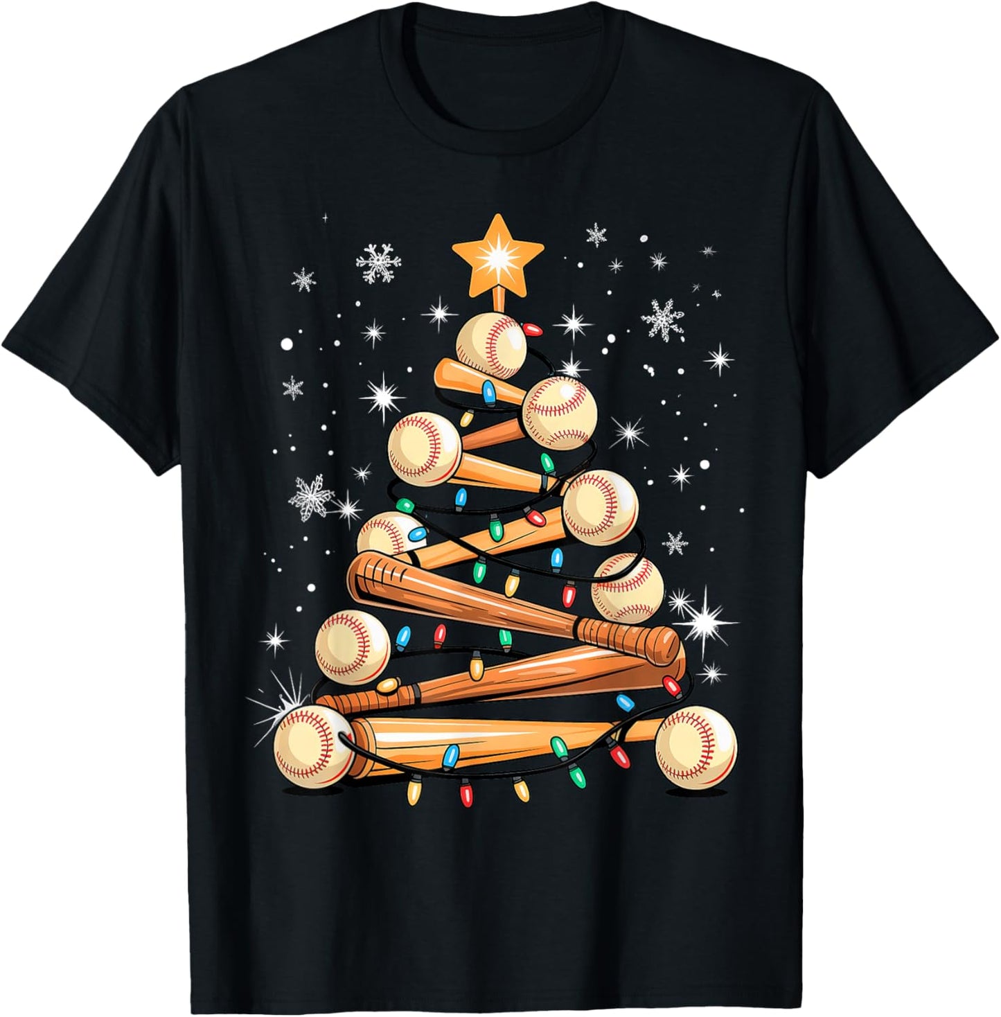 Baseball Christmas Tree Light Xmas Baseball T-Shirt - T-Shirt | Black