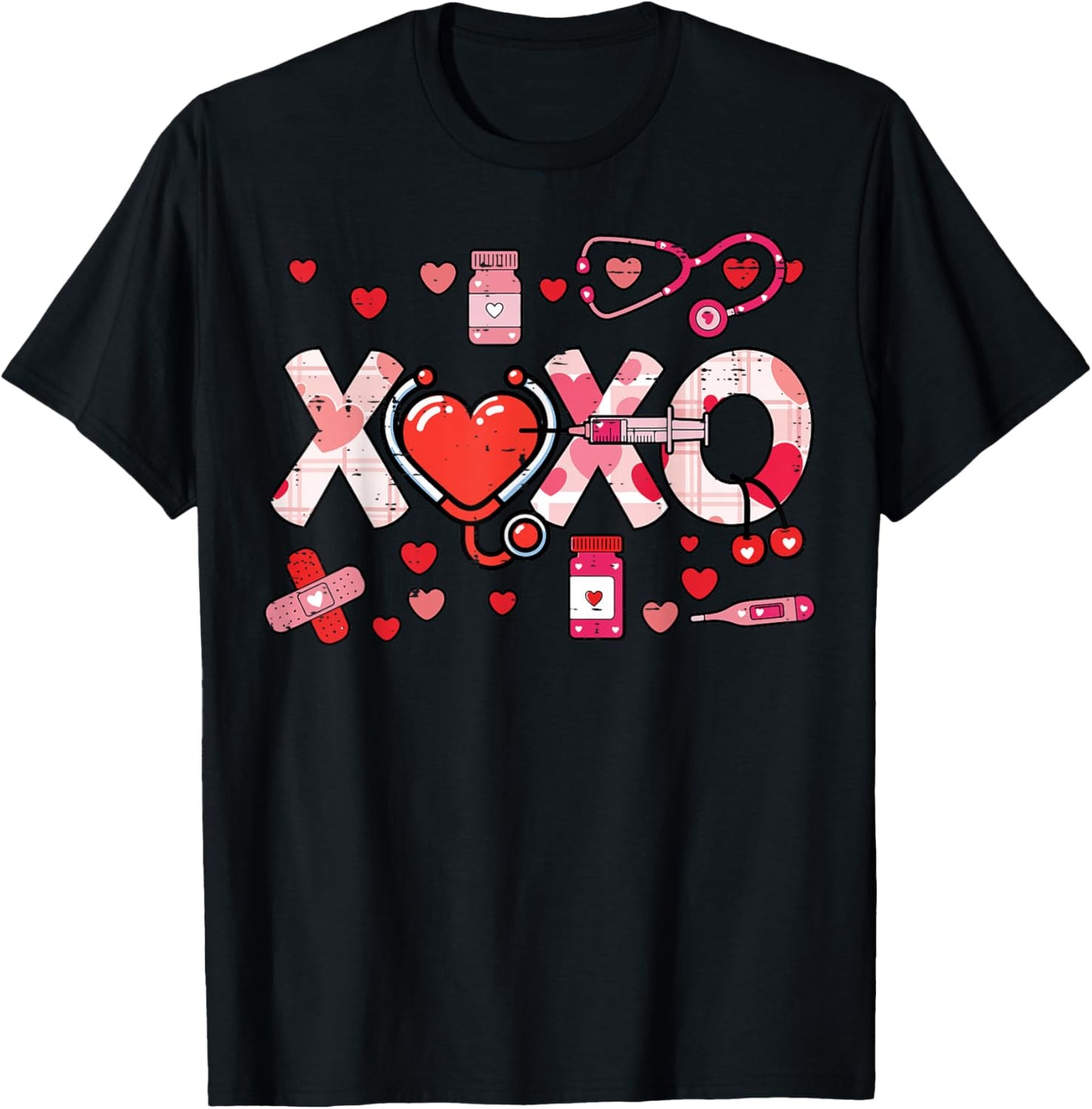 Valentines Day Nurse XOXO Stethoscope Scrub Top Women Men T-Shirt - T-Shirt | Black