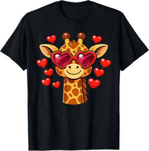 Kawaii Giraffe Heart Glasses Valentine's Day Animal Lovers T-Shirt - T-Shirt | Black