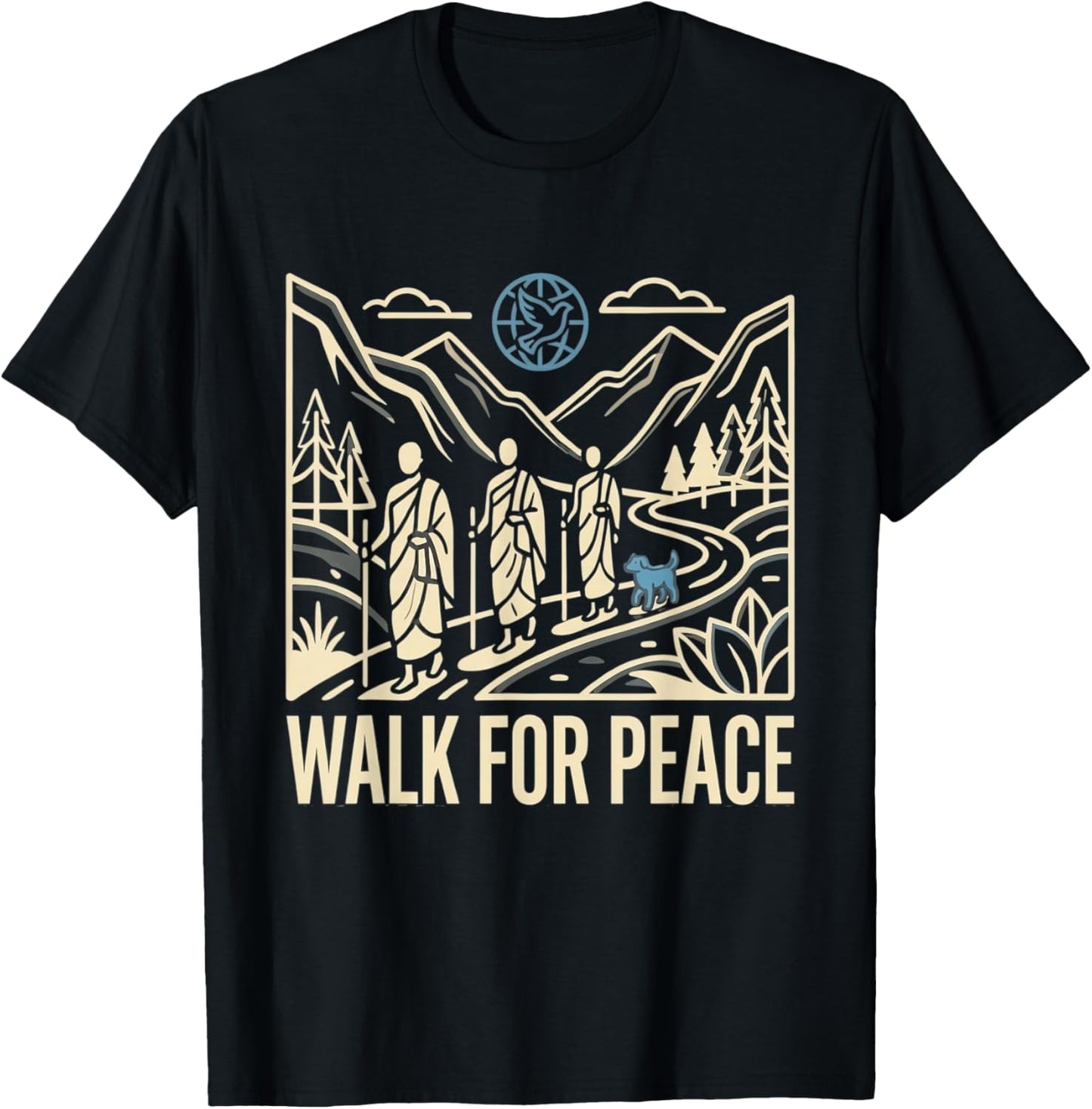 Walk for Peace Aloka Monks Dog Dove Globe Line Art T-Shirt - T-Shirt | Black