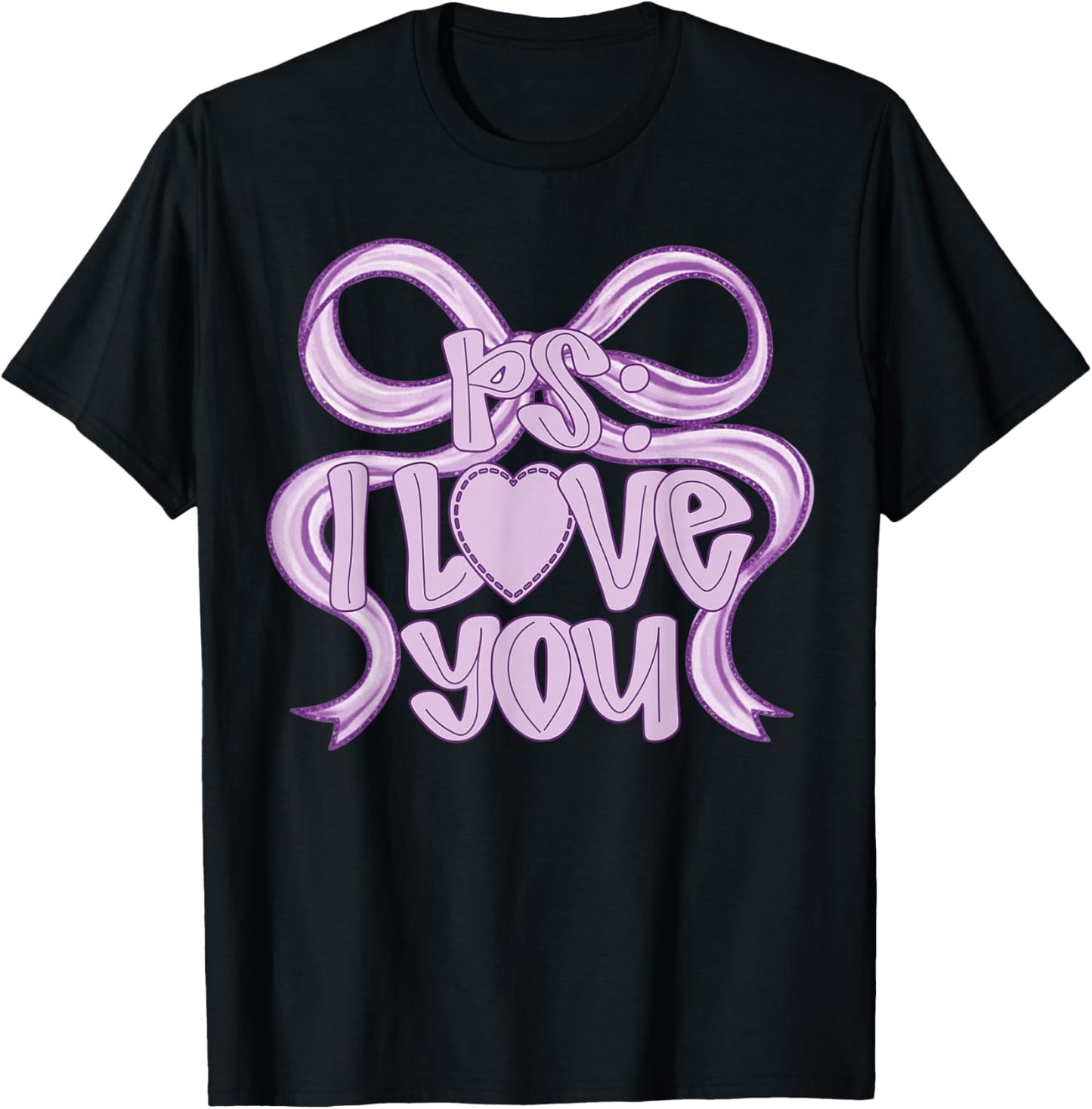 PS I Love You Day Valentine's Day Coquette Bow Purple Heart T-Shirt - T-Shirt | Black