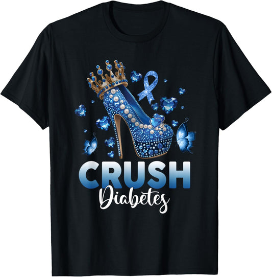 Crush Diabetes Awareness Ribbon High Heels Crown Butterflies T-Shirt - T-Shirt | Black