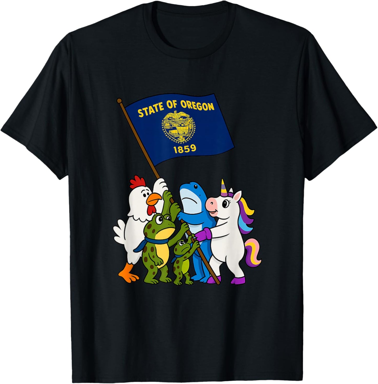 Cute Portland Frog Shark and Unicorn Together & Oregon Flag T-Shirt - T-Shirt | Black