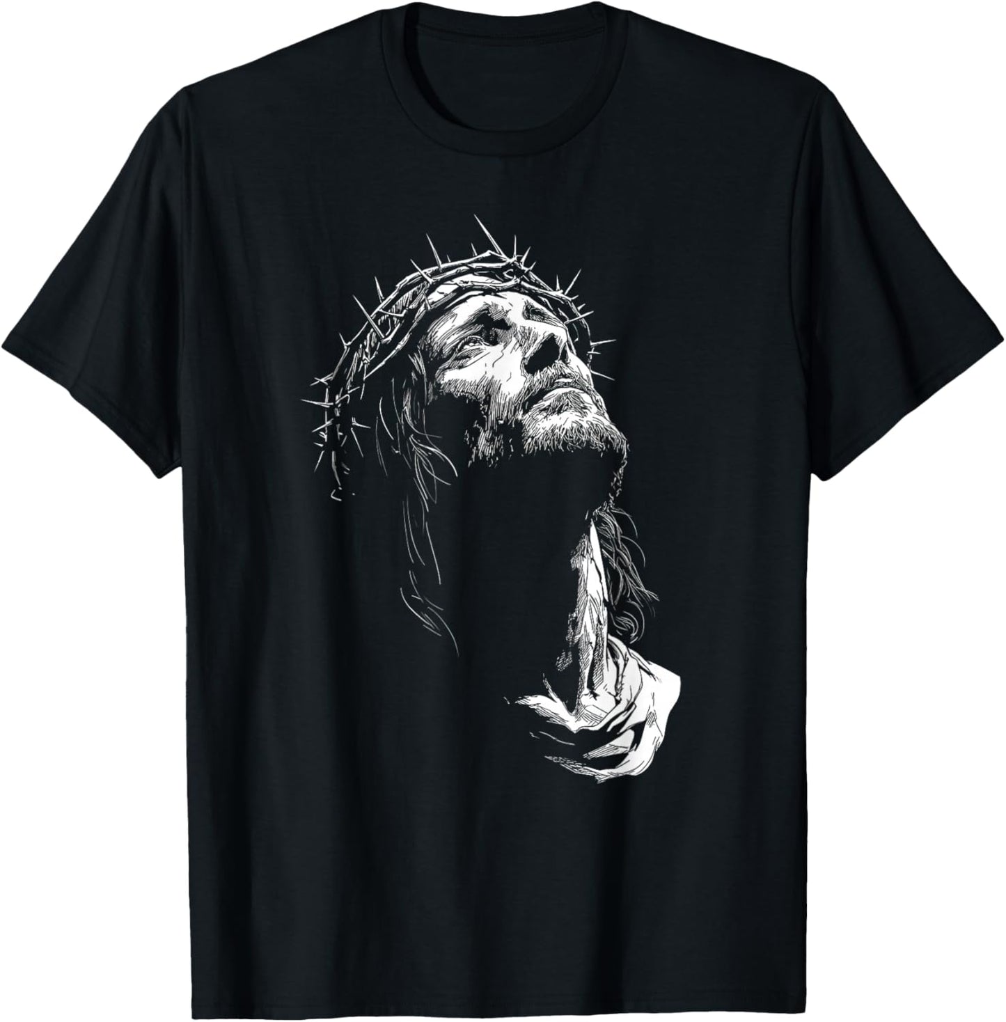 Jesus Christ Crown of Thorns Black and White Line Art T-Shirt - T-Shirt | Black