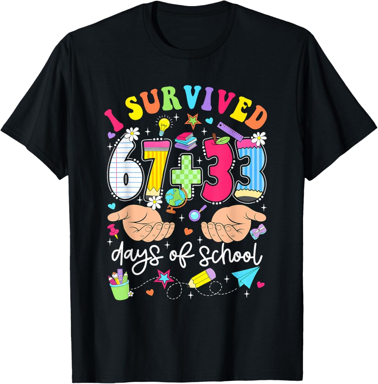 I Survived 67+33 Days of School 100 Days 6 7 Kids Boys Girls T-Shirt - T-Shirt | Black