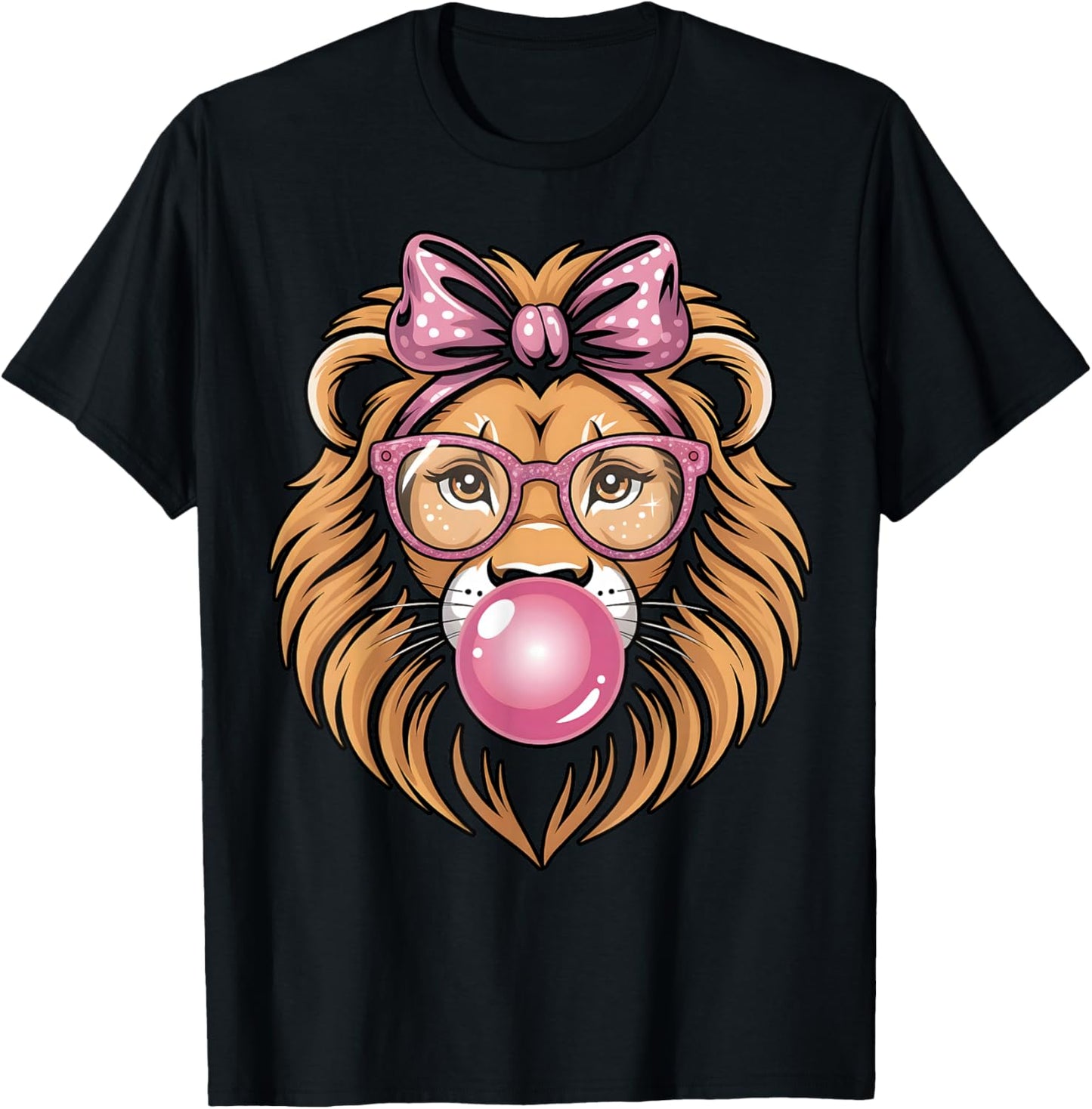Cute Girly Sassy Lion with Pink Bow Pink Glasses Bubblegum T-Shirt - T-Shirt | Black