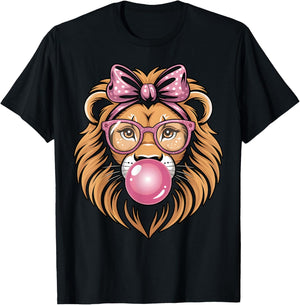 Cute Girly Sassy Lion with Pink Bow Pink Glasses Bubblegum T-Shirt - T-Shirt | Black