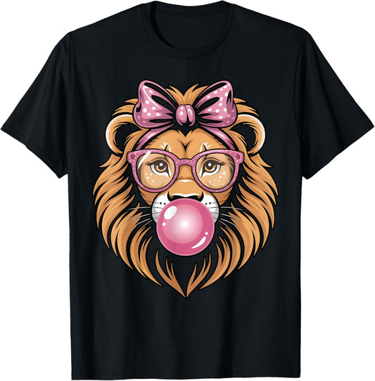 Cute Girly Sassy Lion with Pink Bow Pink Glasses Bubblegum T-Shirt - T-Shirt | Black