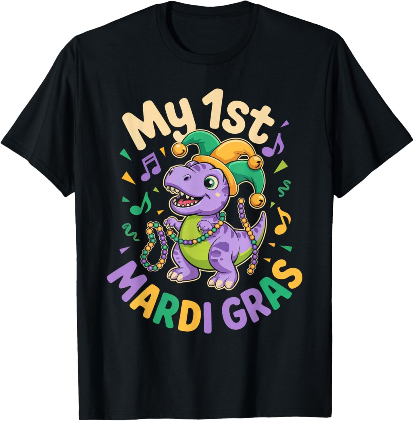 My First Mardi Gras Cute Dino Jester in Hat T-Shirt - T-Shirt | Black