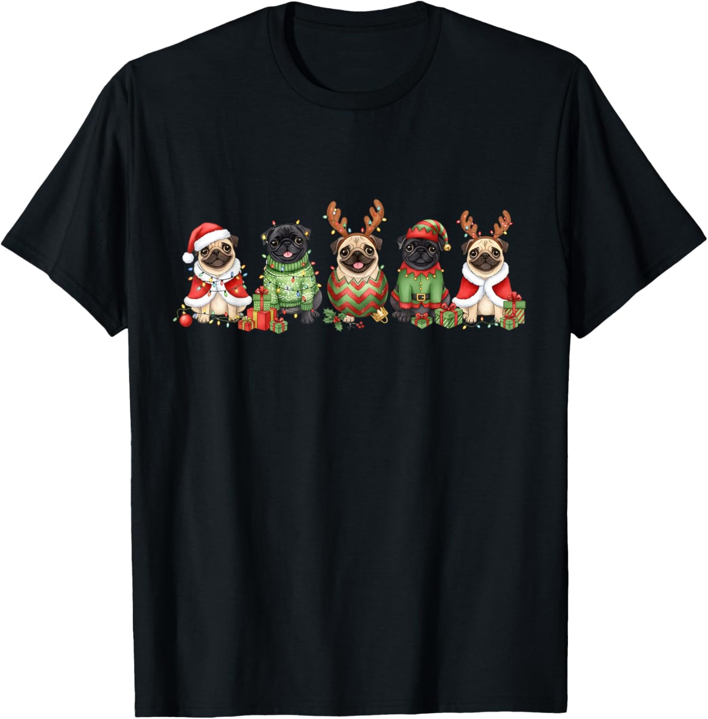 Pug Dogs Christmas Lights Pugmas Santa Dog Lover Gifts T-Shirt - T-Shirt | Black