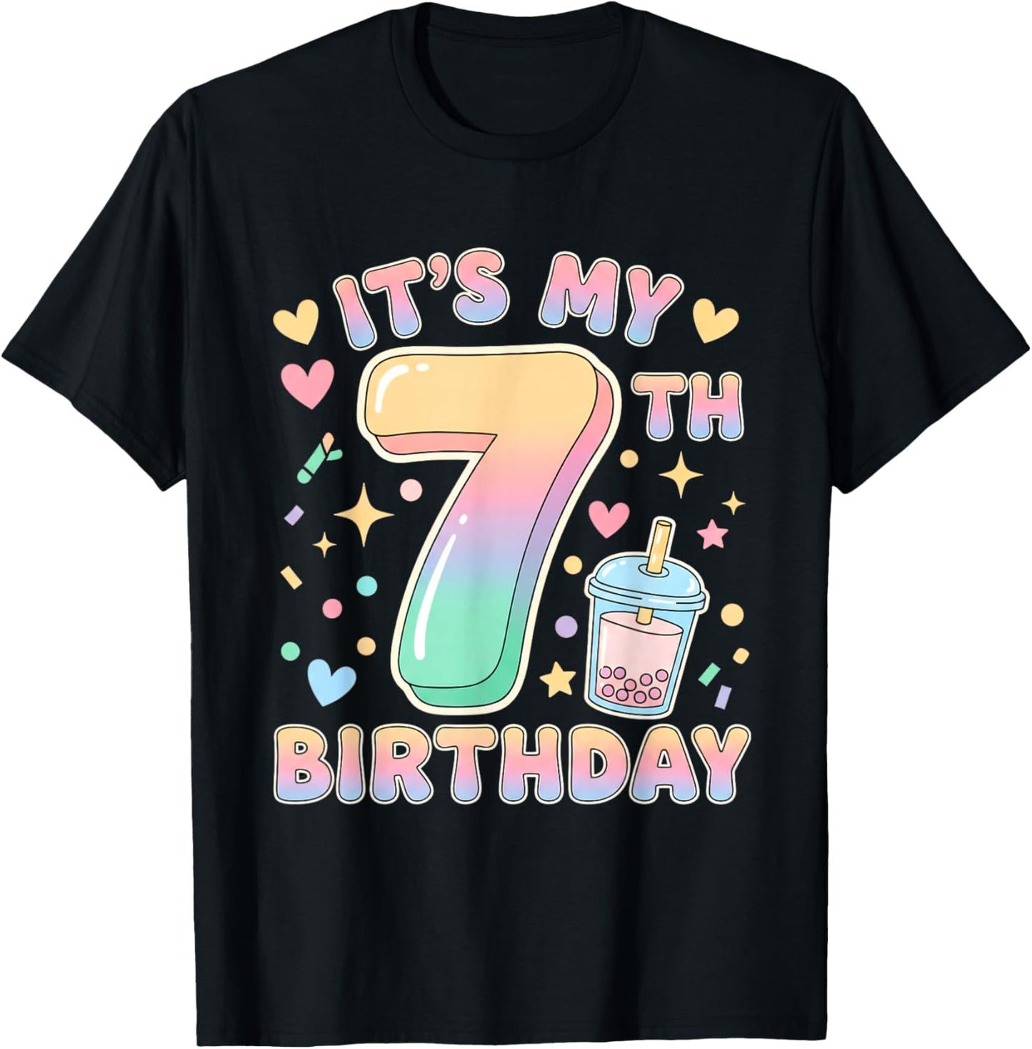 It's My 7th Birthday Bubble Boba Tea Party 7 Year Old Girl T-Shirt - T-Shirt | Black