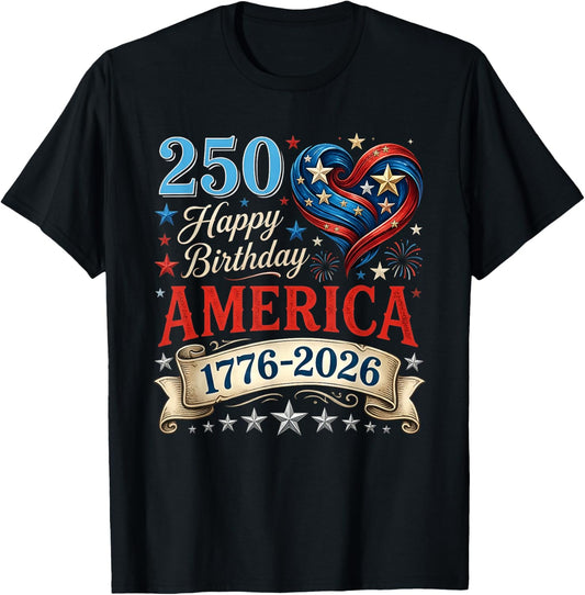 USA Hearts 1776 2026 July 4th 250th Birthday USA 250 Years T-Shirt - T-Shirt | Black