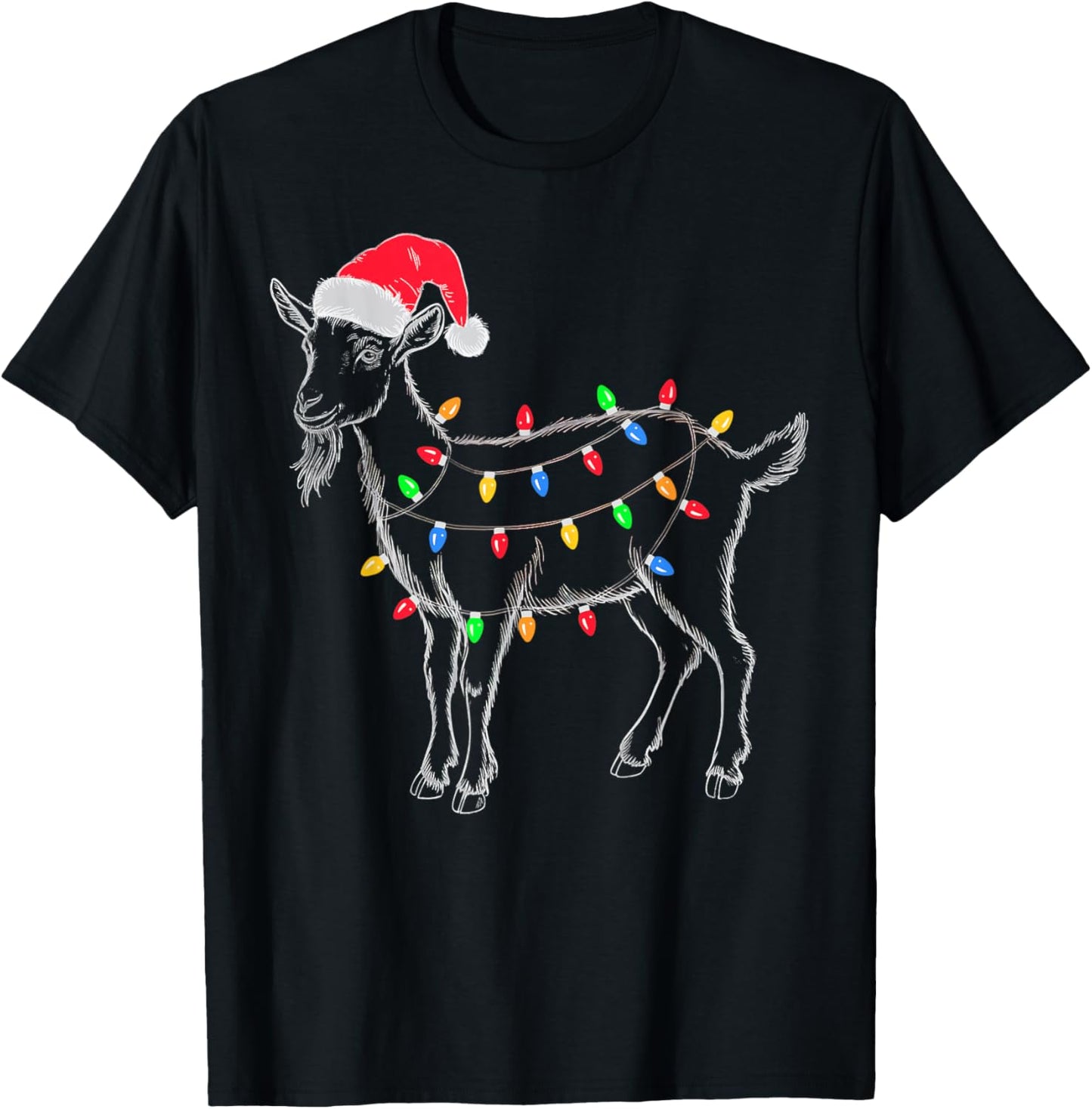 Goat Christmas Lights Santa Hat Xmas Pajamas Farm Animal T-Shirt - T-Shirt | Black