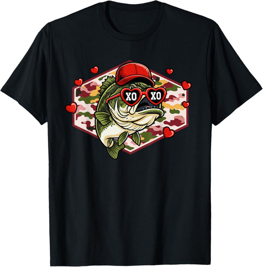 Men Boys Retro Valentines Fishing XOXO Camo Bass T-Shirt - T-Shirt | Black