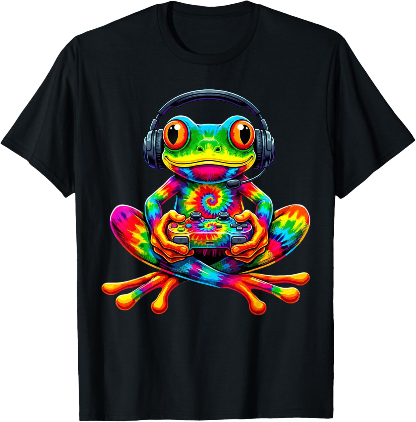 Tie-Dye Frog Gamer Peace Sign Hippie Funny Video Gaming T-Shirt - T-Shirt | Black