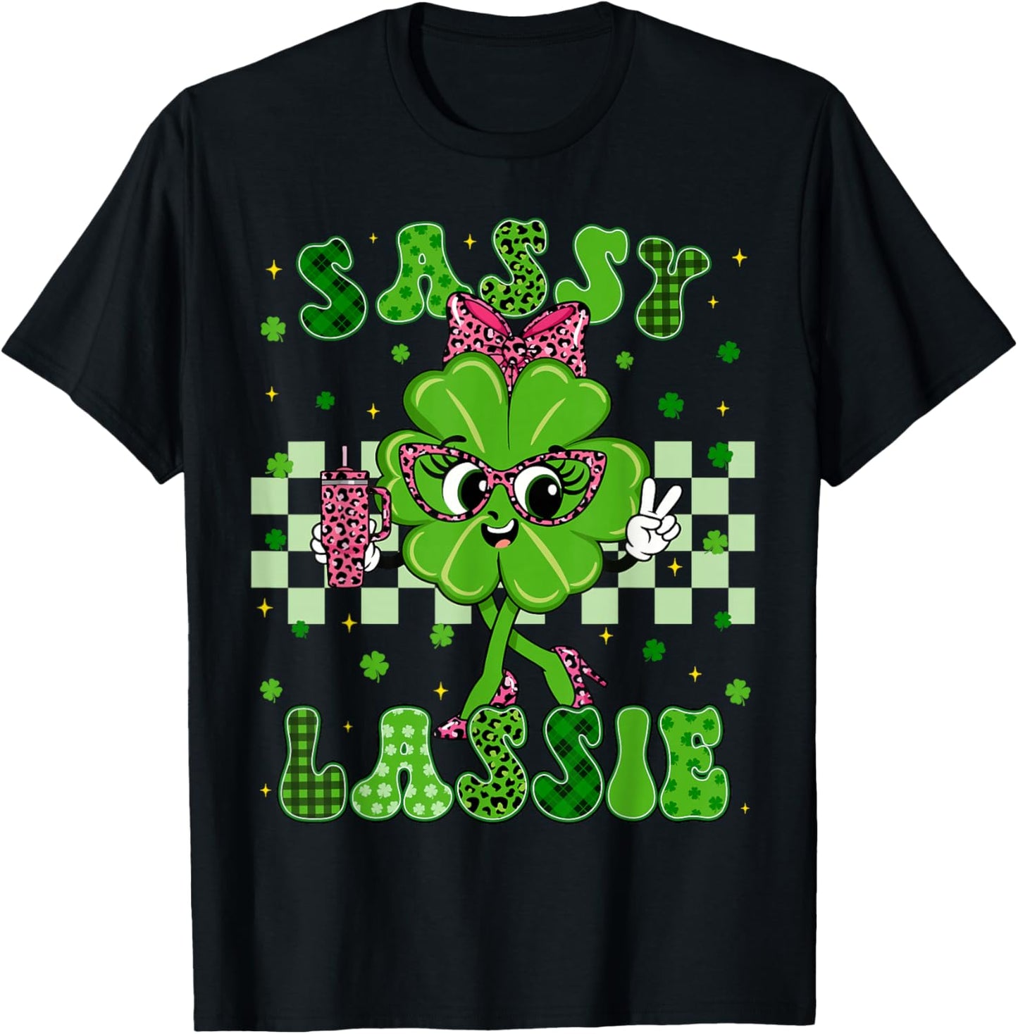Funny Sassy Lassie Shamrock Leopard St Patricks Women Girl T-Shirt - T-Shirt | Black