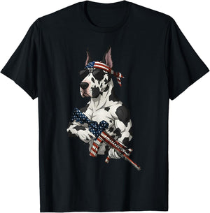 Funny Patriotic Great Dane with Rifle USA Flag Design T-Shirt - T-Shirt | Black