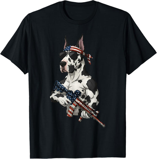 Funny Patriotic Great Dane with Rifle USA Flag Design T-Shirt - T-Shirt | Black
