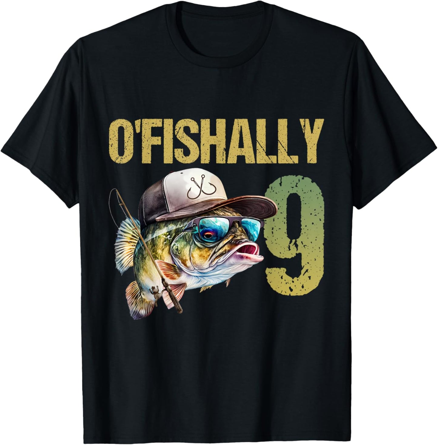 O'fishally 9 Years Old Funny Fishing 9th Birthday Boy Fish T-Shirt - T-Shirt | Black