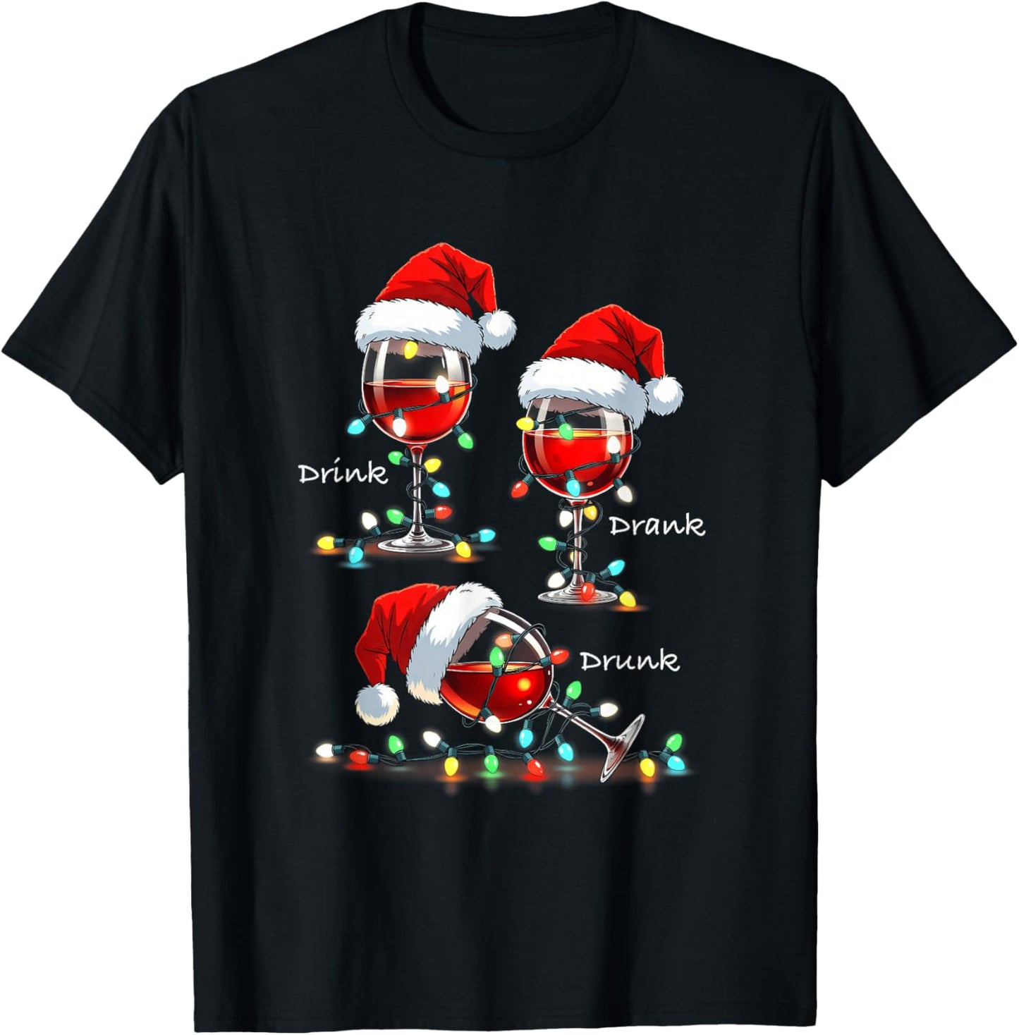 Christmas Wine Drunk Drank Drink Party Santa Hat Xmas Lights T-Shirt - T-Shirt | Black