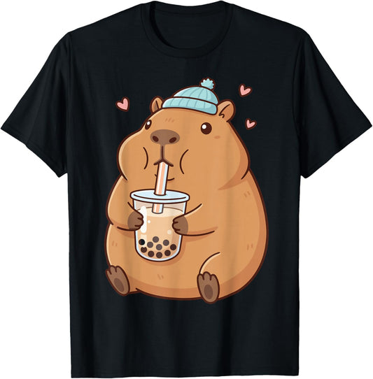 Cute Capybara Drinking Boba Bubble Tea T-Shirt - T-Shirt | Black