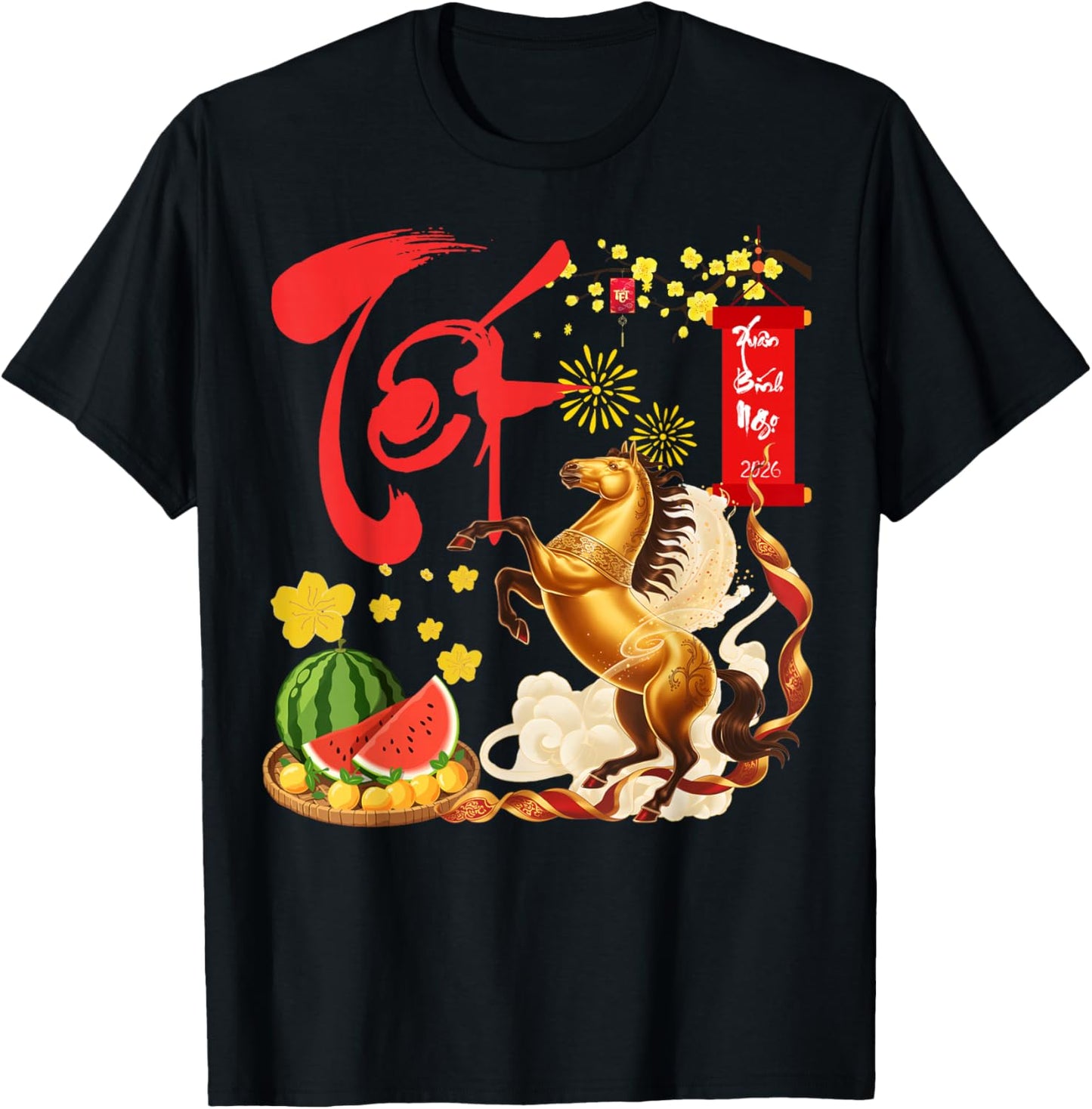 Peach Blossom Vietnamese Lunar New Year Horse 2026 Happy TET T-Shirt - T-Shirt | Black