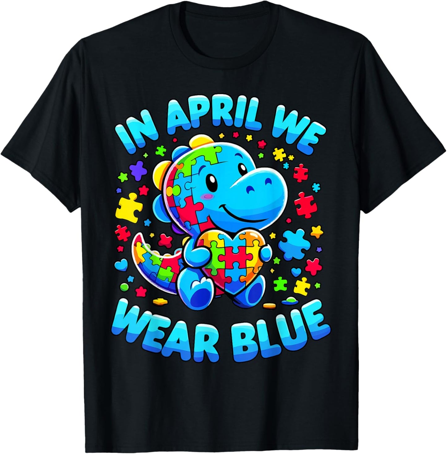 Autism Awareness Dino in April We Wear Blue T-Rex T-Shirt - T-Shirt | Black