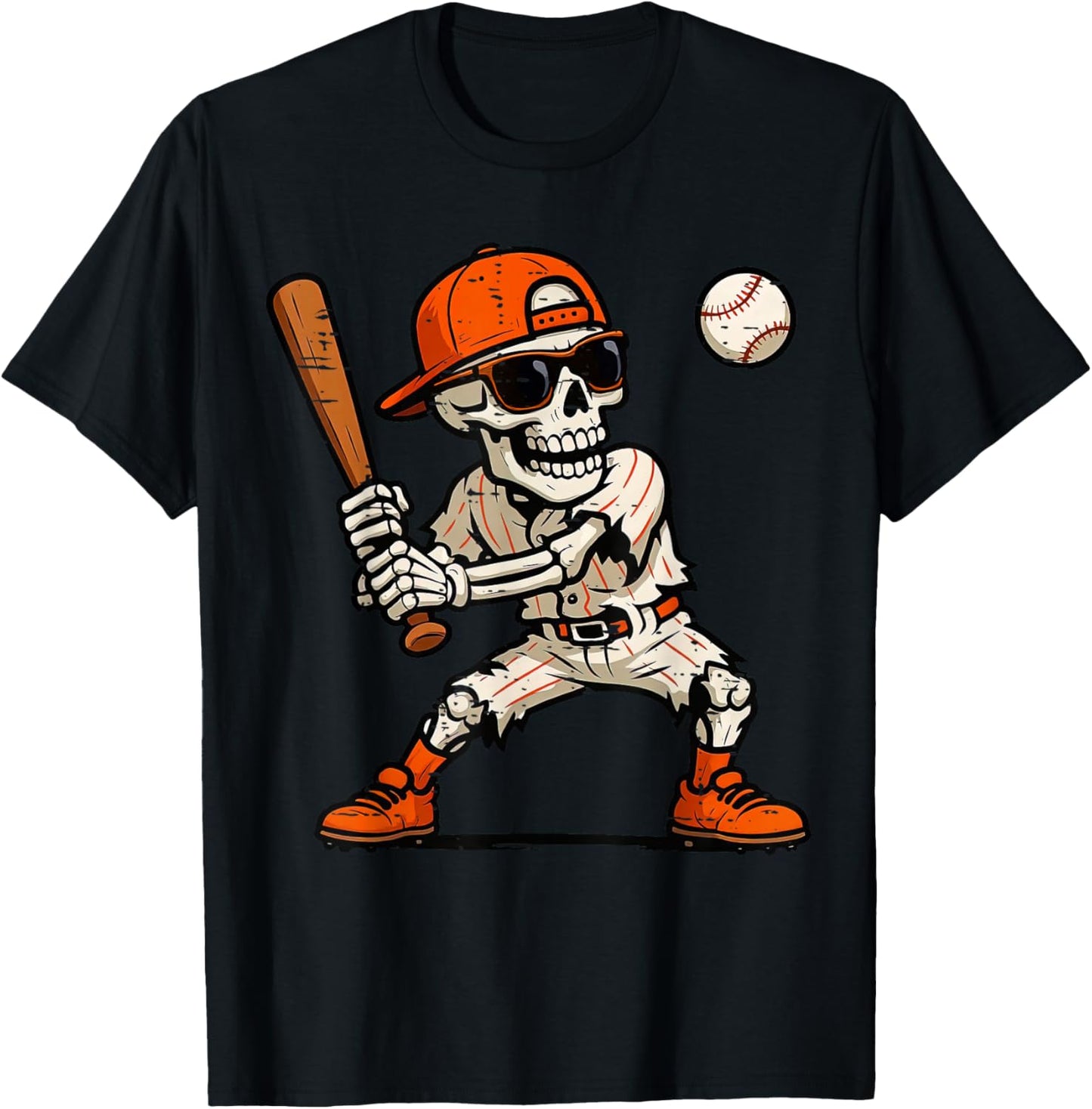 Funny Skeleton Playing Baseball Halloween Boys Men Kids T-Shirt - T-Shirt | Black
