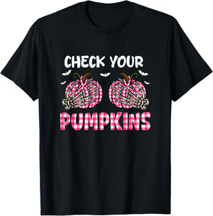 Check Your Pumpkins Breast Cancer Awareness Halloween Joke T-Shirt - T-Shirt | Black