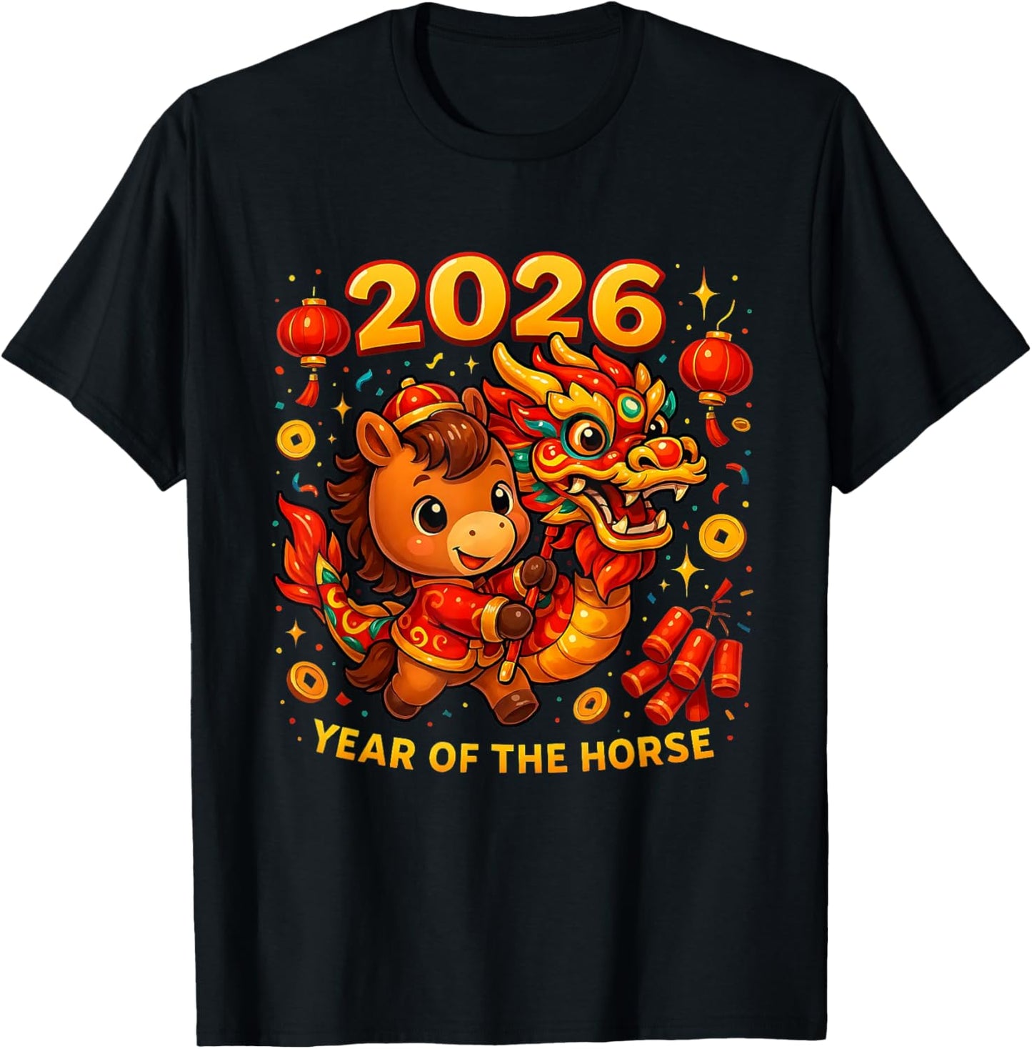 2026 Year of The Horse Cute Lunar Newyear Art T-Shirt - T-Shirt | Black