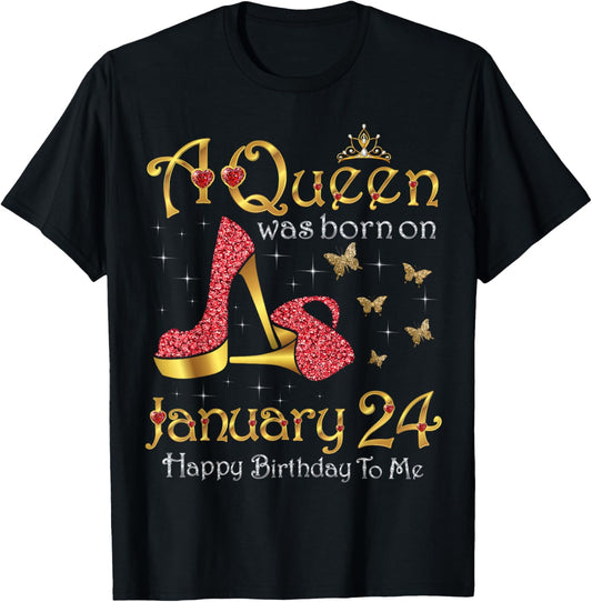 A Queen was Born on January 24, 24th January Birthday T-Shirt - T-Shirt | Black