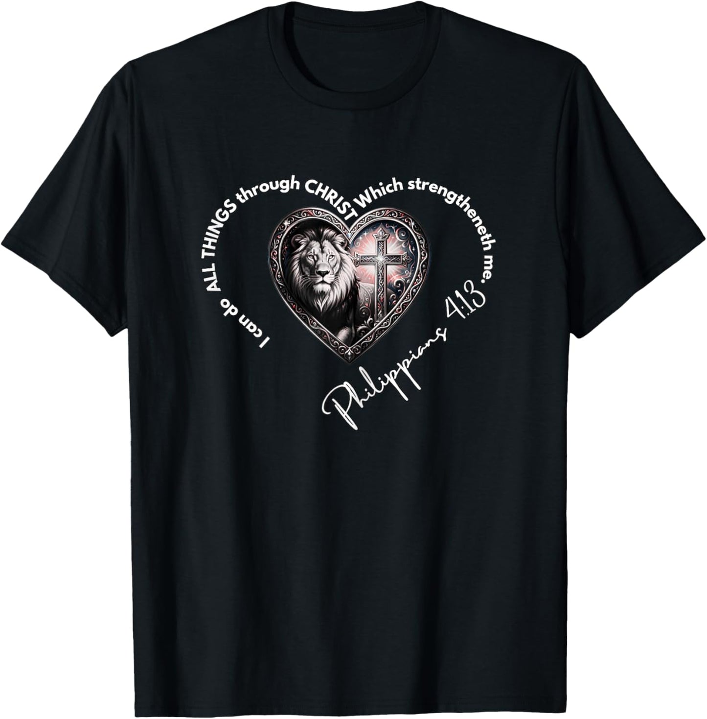 Christian Lion Heart Philippians 4:13 Scripture Art T-Shirt - T-Shirt | Black
