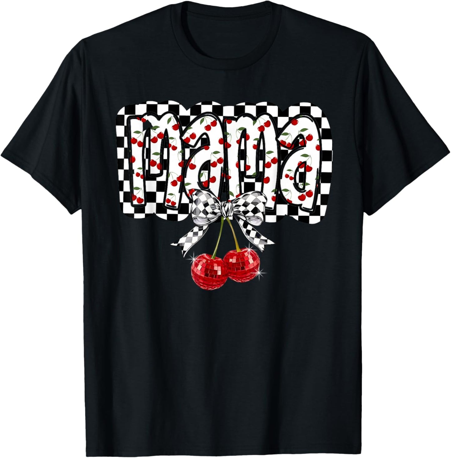 Mama Checkered Coquette Bow Cherry Mommy Mother's Day Mom T-Shirt - T-Shirt | Black