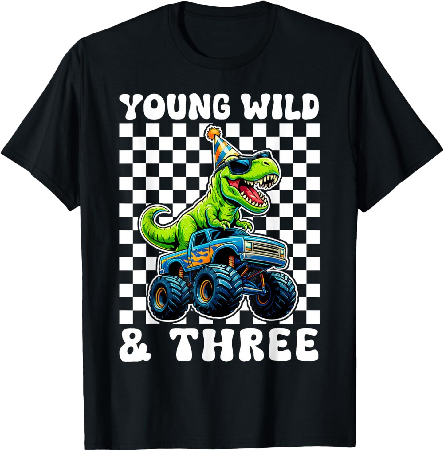 Young Wild & Three T-Rex Dino Monster Truck 3rd Birthday T-Shirt - T-Shirt | Black
