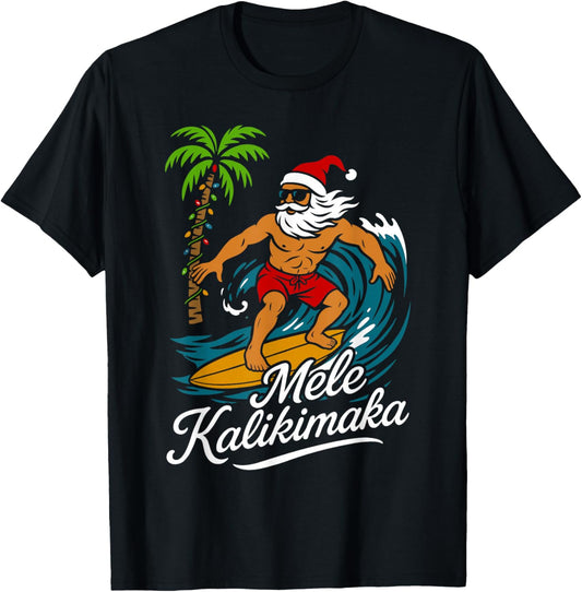 Mele Kalikimaka Hawaiian Christmas in July Hawaii Santa T-Shirt - T-Shirt | Black