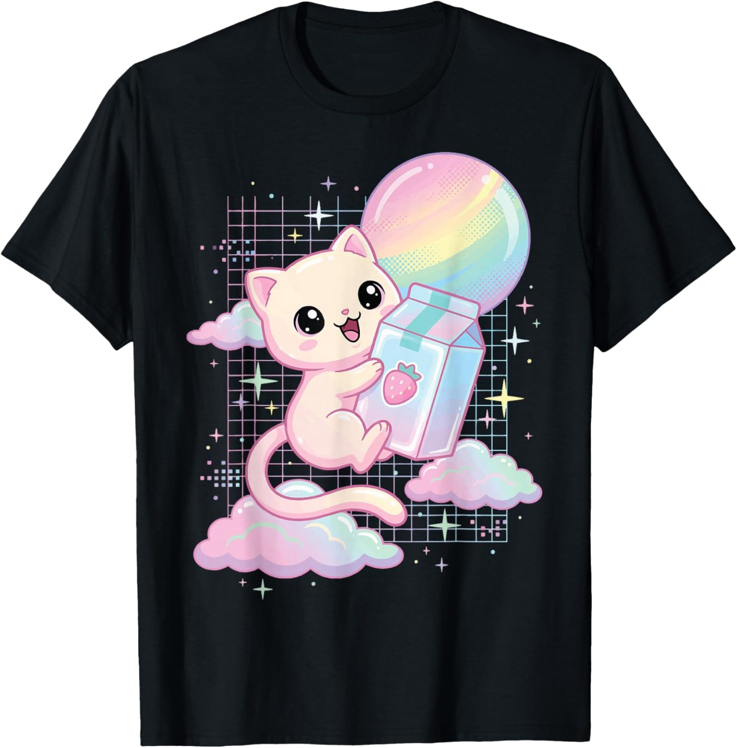 Kawaii Cat Strawberry Milk Aesthetic T-Shirt - T-Shirt | Black