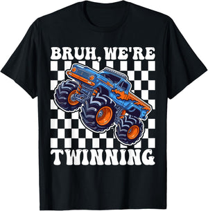 Bruh We are Twinning Kids Boys Funny Twin Day Monster Truck T-Shirt - T-Shirt | Black