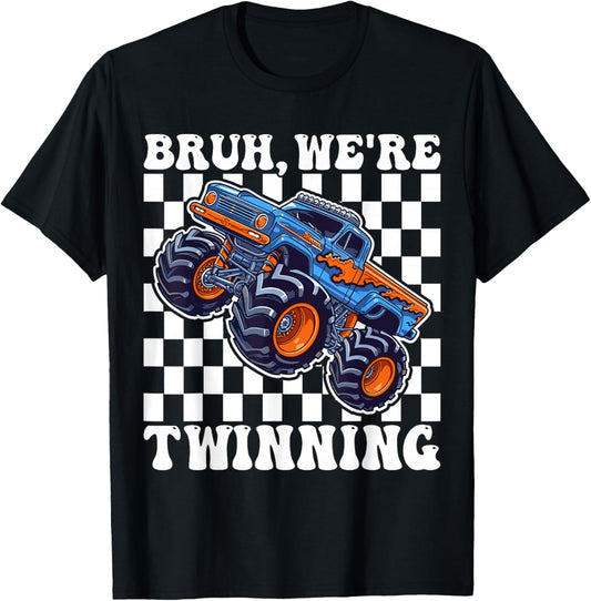 Bruh We are Twinning Kids Boys Funny Twin Day Monster Truck T-Shirt - T-Shirt | Black