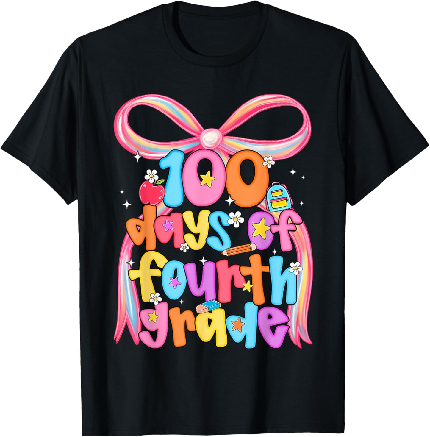 100 Days of 4th Grade Teacher Coquette Bow Girl Women T-Shirt - T-Shirt | Black