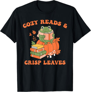 Cozy Reads & Crisp Leaves Autumn Aesthetic Quote T-Shirt - T-Shirt | Black