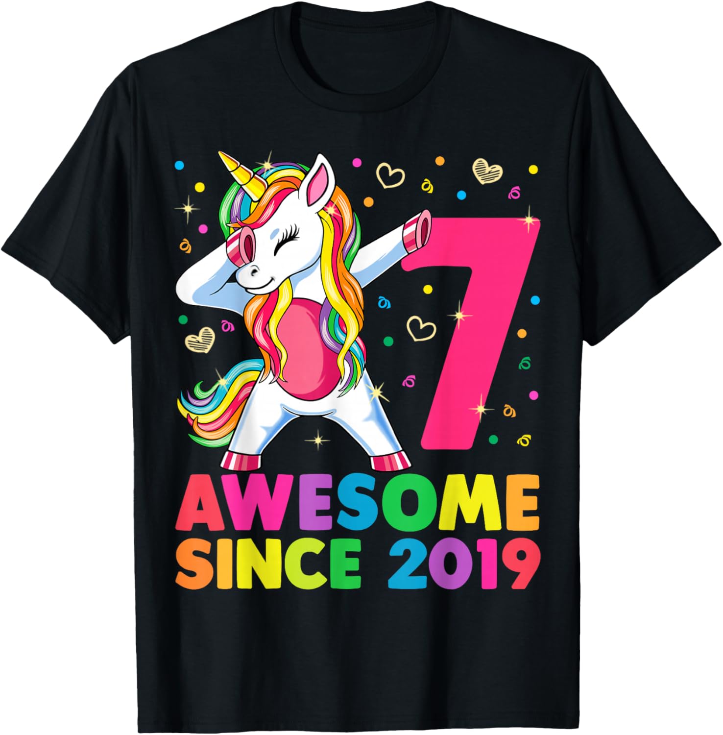 7 Years Old Unicorn Dabbing 7th Birthday Girl Unicorn Party T-Shirt - T-Shirt | Black