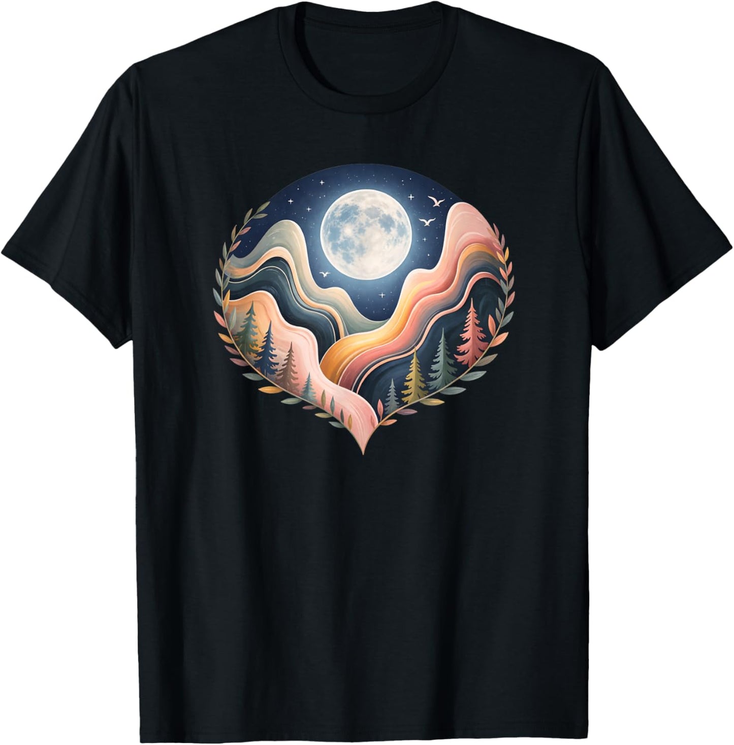 Heart-Shaped Nature Landscape Art, Scenic Moon T-Shirt - T-Shirt | Black