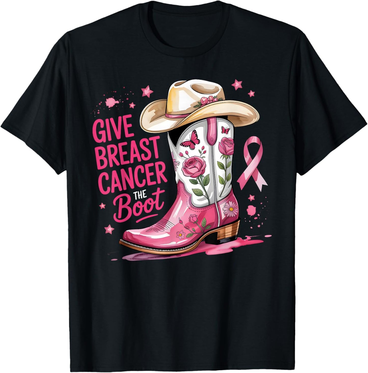 Give Breast Cancer The Boot Breast Cancer Pink Ribbon Women T-Shirt - T-Shirt | Black
