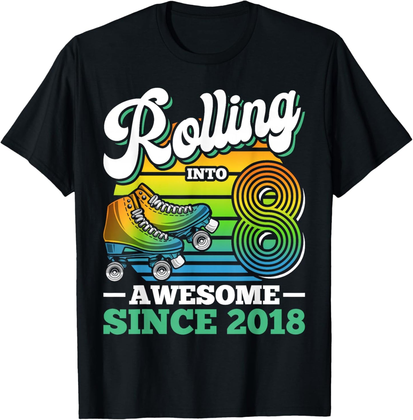 Rolling Into 8 Roller Skating Birthday Party 8th Birthday T-Shirt - T-Shirt | Black