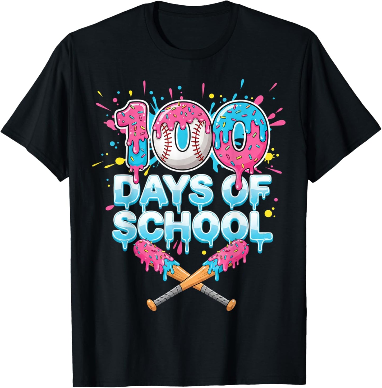 Dripping Baseball Bats 100 Days of School Boys Kids Girl T-Shirt - T-Shirt | Black