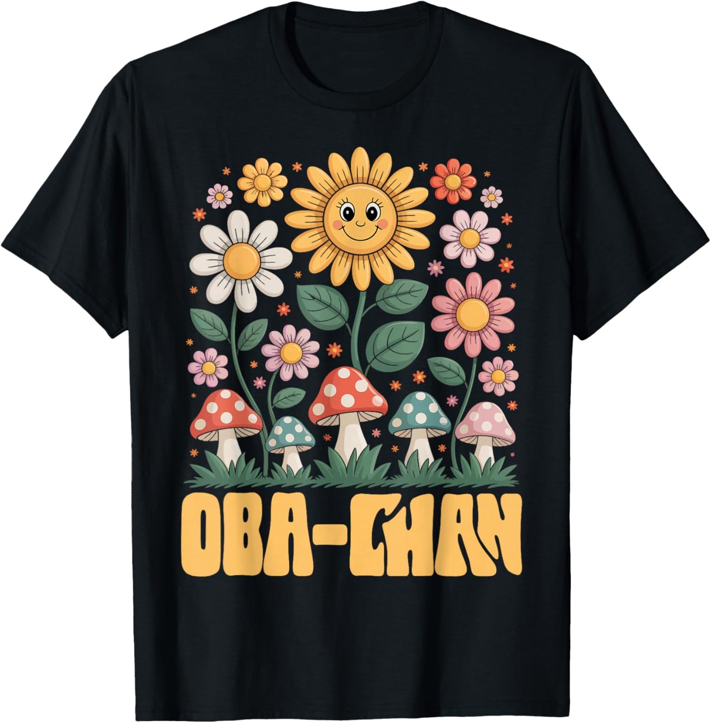 OBA-CHAN Mother’s Day Floral Sunflower Mushroom Style T-Shirt - T-Shirt | Black