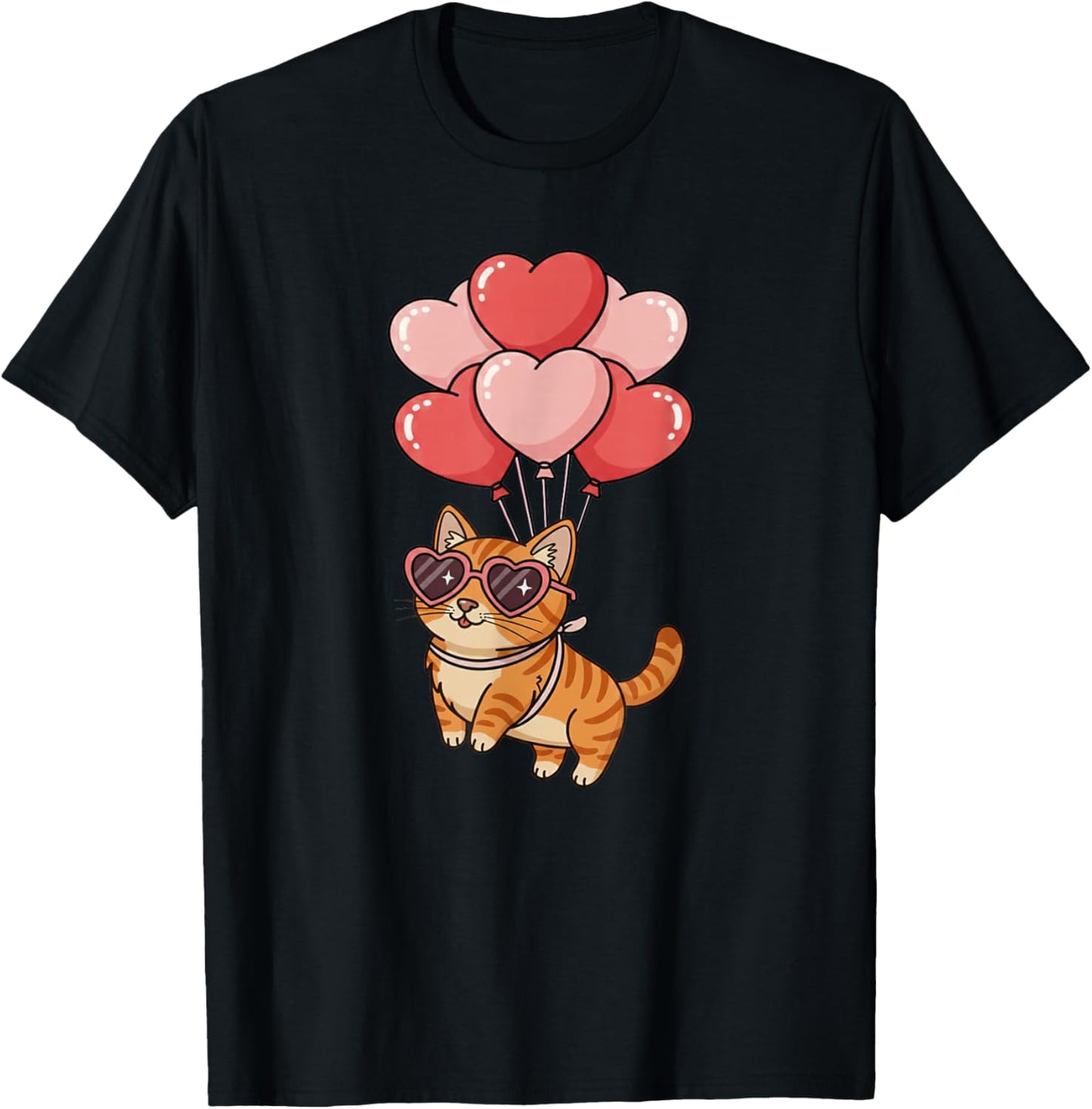Girls Valentines Day Heart Balloons Orange Tabby Cat T-Shirt - T-Shirt | Black