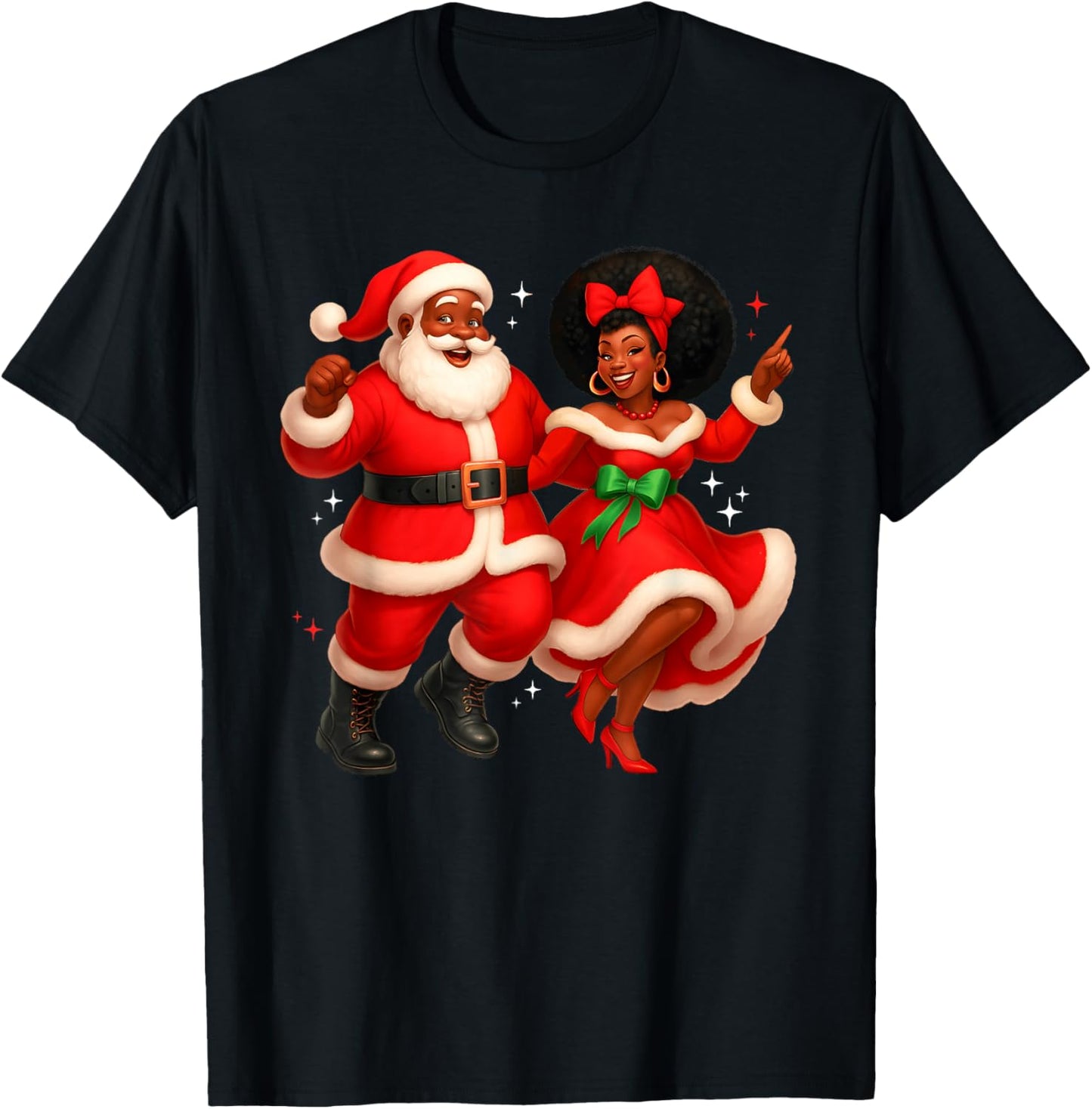 Dancing African Santa Mr Mrs Claus African American Xmas T-Shirt - T-Shirt | Black
