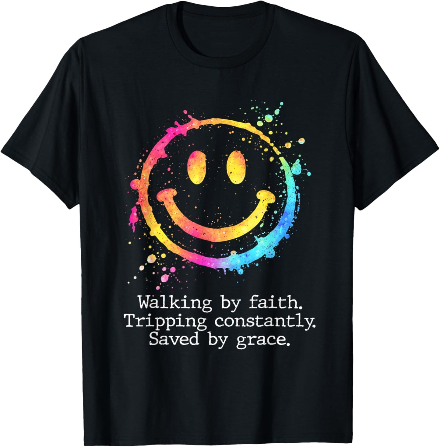 Retro Walking by Faith Tripping Constantly Saved by Grace T-Shirt - T-Shirt | Black